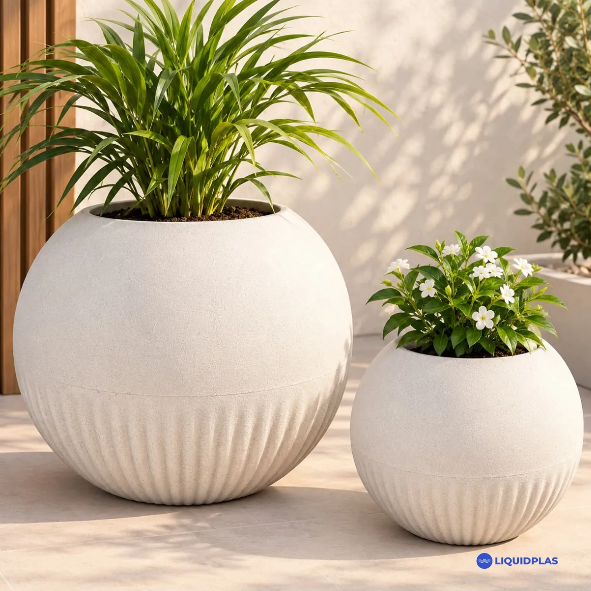 Macetas esfera grande y chica en símil piedra beige, con plantas