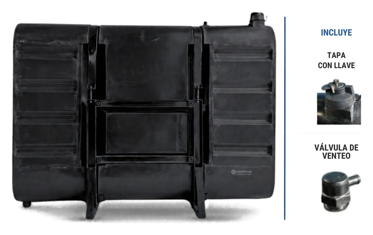 Tanque mochila auxiliar para gasoil negro; incluye tapa con llave y válvula de venteo